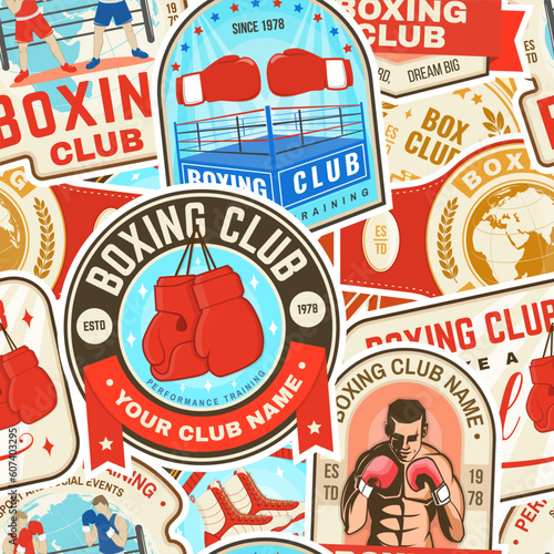 Boxing club seamless pattern. Vector illustration. Background with Boxing sport club emblem, sign, patch. Concept for background or wallpaper with Boxer, gloves, boxing jump rope and shoes silhouette.