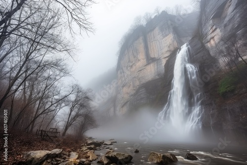 majestic waterfall surrounded by thick fog, creating mystical scene, created with generative ai