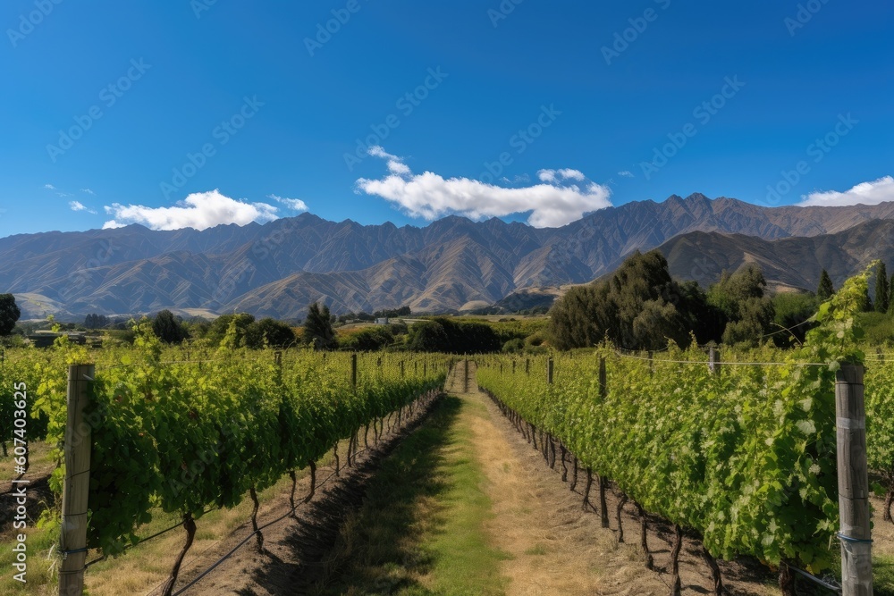 vineyard surrounded by mountains and blue skies, created with generative ai