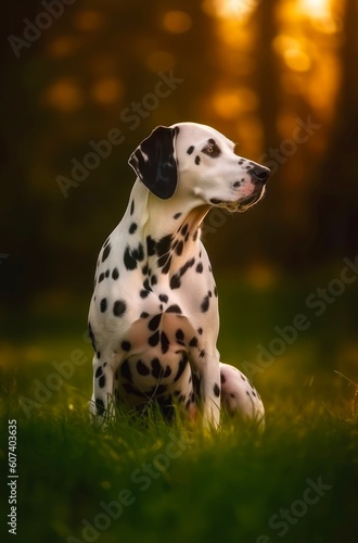 Dalmatian dog is walking outdoor. Generative AI.