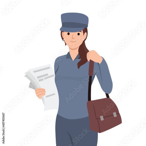 Woman postman delivers newspapers and fresh press with news or letters for residents of city. Flat vector illustration isolated on white background
