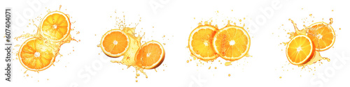 Bundle of four semi-transparent orange slices with splashing orange juice. Generative AI.