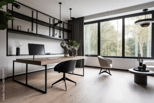 a sleek, minimalist home office with black accents and modern furniture, created with generative ai