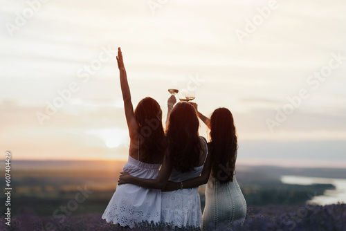 Obraz na płótnie Happy friends having fun on the summer picnic in the lavender field. They hugging and holding the glasses of wine in hands.
w salonie
