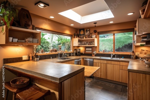 eco-friendly kitchen  with bamboo countertops and natural stone backsplash  created with generative ai