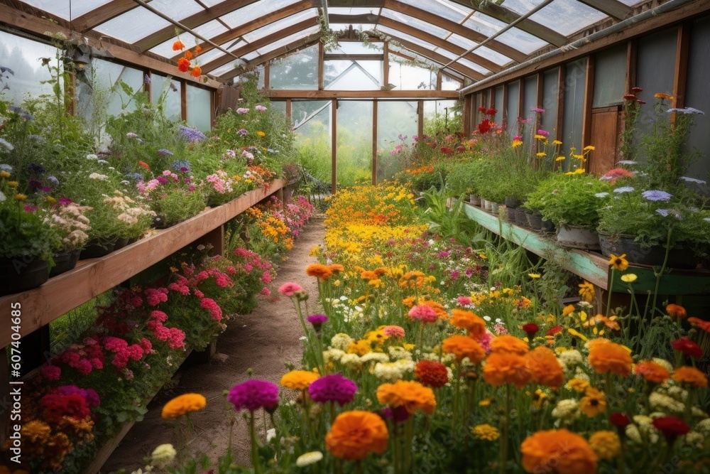greenhouse with burst of colorful blooms and pollen-covered surfaces, created with generative ai