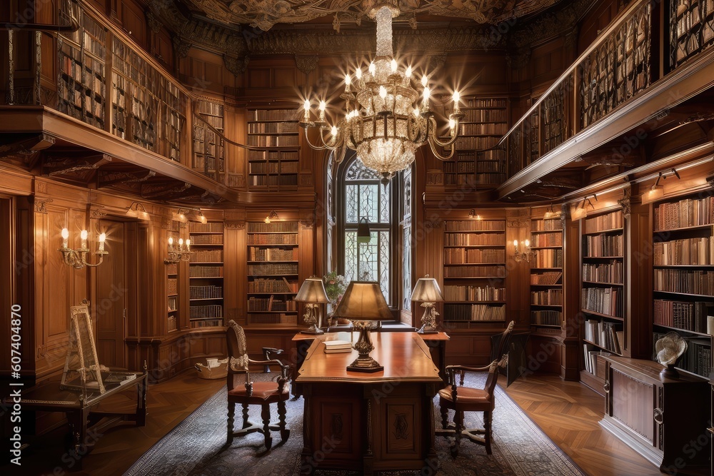 wood-paneled library, with bookcases and high ceiling, adorned by chandelier, created with generative ai