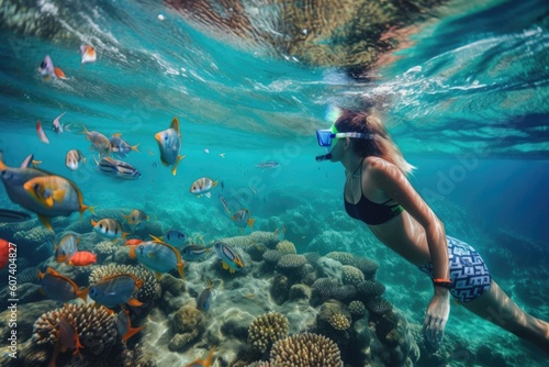 adventure traveler snorkeling the coral reef, surrounded by vibrant fish, created with generative ai