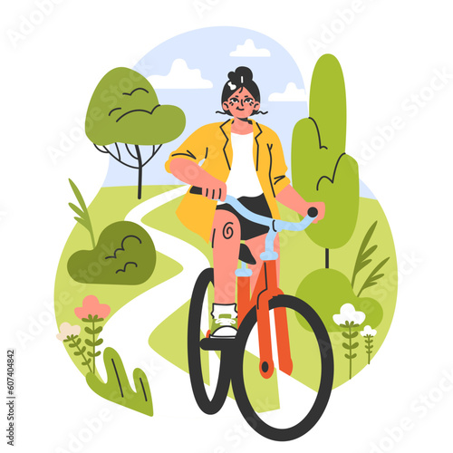 Healthy and active lifestyle. Young female character enjoying being