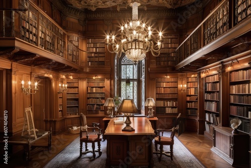 wood-paneled library, with bookcases and high ceiling, adorned by chandelier, created with generative ai
