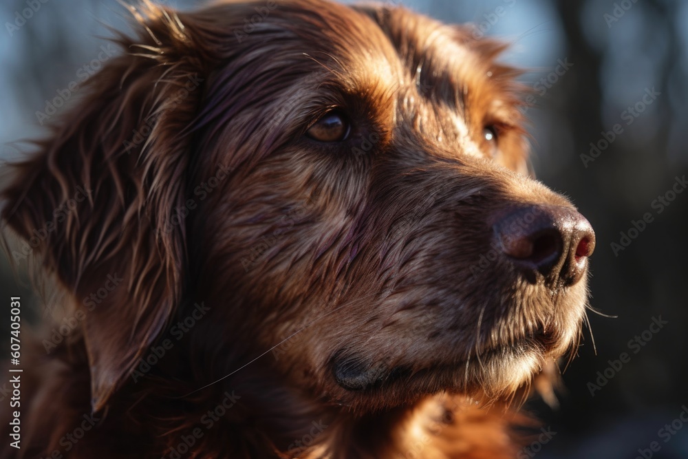 Obraz premium close-up of dog's face, with the sun shining down and reflecting off its fur, created with generative ai