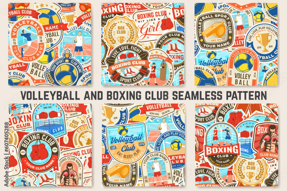 Boxing and Volleyball club seamless pattern. Vector. For Volleyball and boxing club background, wallpaper, wall decor with volley ball, player boxer, boxing gloves, boxing shoes