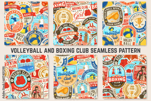 Boxing and Volleyball club seamless pattern. Vector. For Volleyball and boxing club background, wallpaper, wall decor with volley ball, player boxer, boxing gloves, boxing shoes