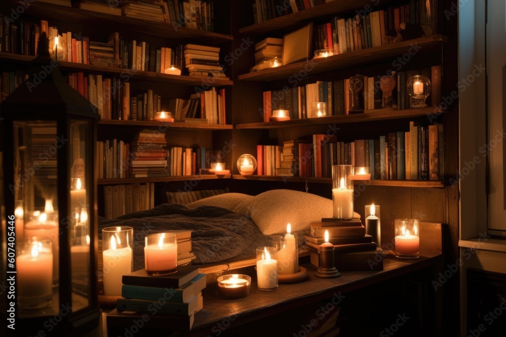 cozy reading nook surrounded by shelves filled with books, candles, and other accessories, created with generative ai cozy reading nook surrounded by shelves filled with books, candles, and other accessories, created with generative ai