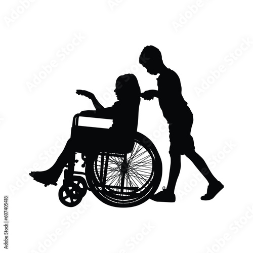 Vector silhouette of a woman in a wheelchair on a white background.