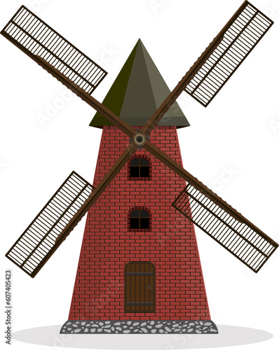 Windmill for grinding grain into flour. Isolated on white background. Red brick building.