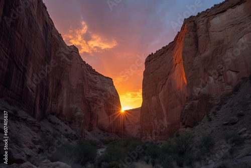 fiery sunset  with the sun dipping behind canyon walls  casting warm glow on towering cliffs  created with generative ai