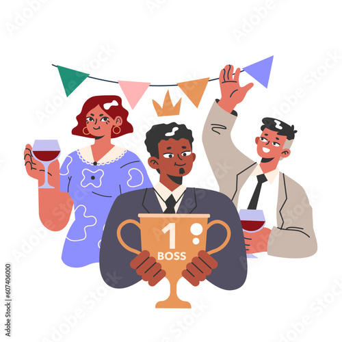 Job promotion celebration. Joyful company celebrating one of the friend