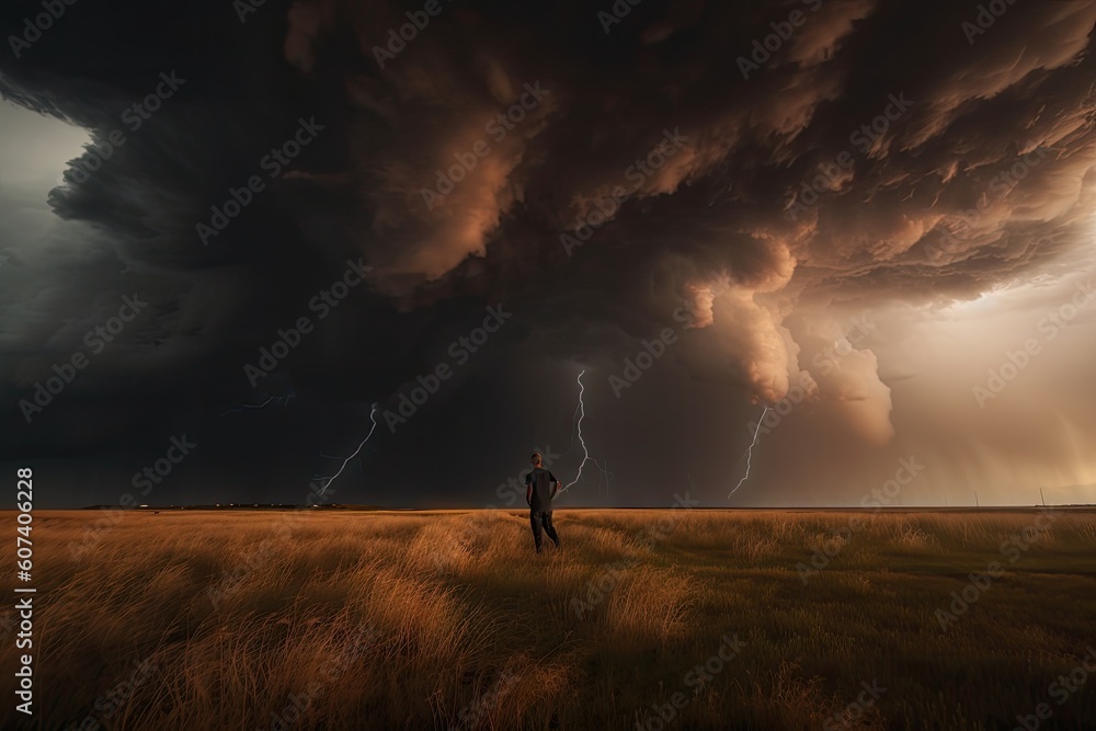 Fototapeta premium person, surrounded by storm clouds and lightning, chasing after tornadoes, created with generative ai