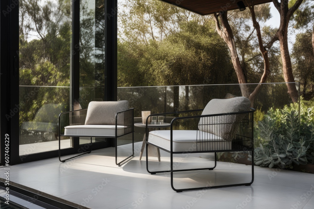 modern outdoor furniture and seating area with contemporary design elements, including sleek armchairs and coffee table, created with generative ai