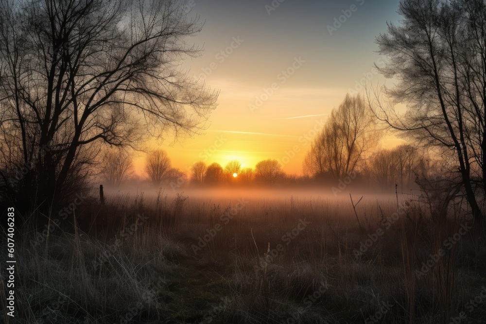 sunrise, with misty meadow and silhouetted trees in the background, created with generative ai sunrise, with misty meadow and silhouetted trees in the background, created with generative ai