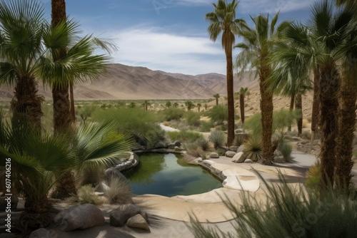 desert oasis, with view of rolling hills and palm trees in the background, created with generative ai
