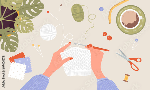 Crochet knitting process. Female hands with hook and thread. Balls of yarn. Top view of the workplace. Tailor shop elements. Hand drawn vector illustration in flat cartoon style.
