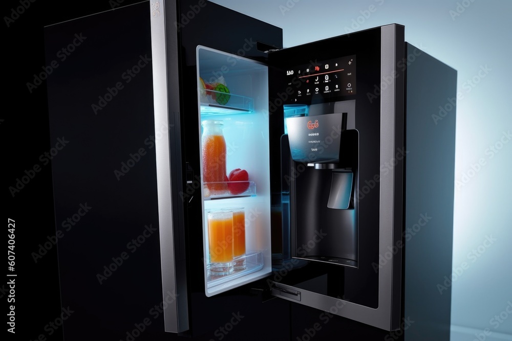 Fototapeta premium smart refrigerator, with built-in display and touchpad controls, created with generative ai