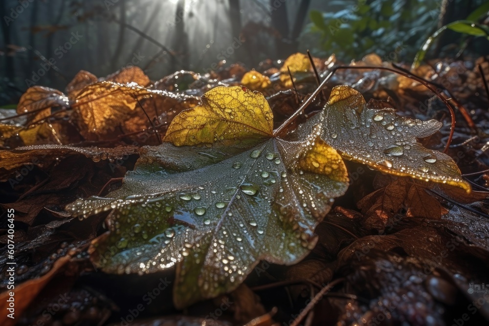 close-up of fallen leaves, with dew drops reflecting the morning sun, created with generative ai