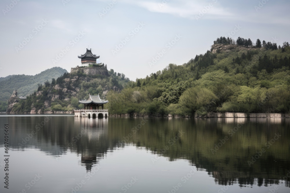 peaceful scene with china pagoda overlooking lake and mountains, created with generative ai