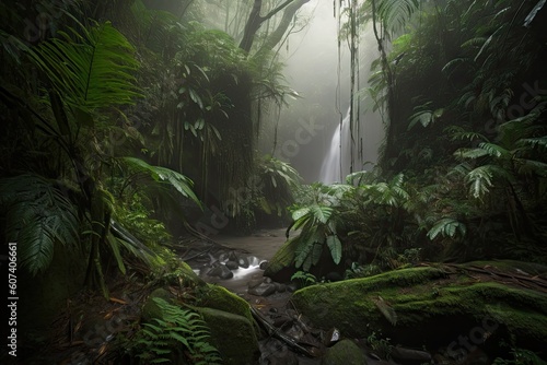 peaceful rainforest with dramatic waterfall and mist  created with generative ai