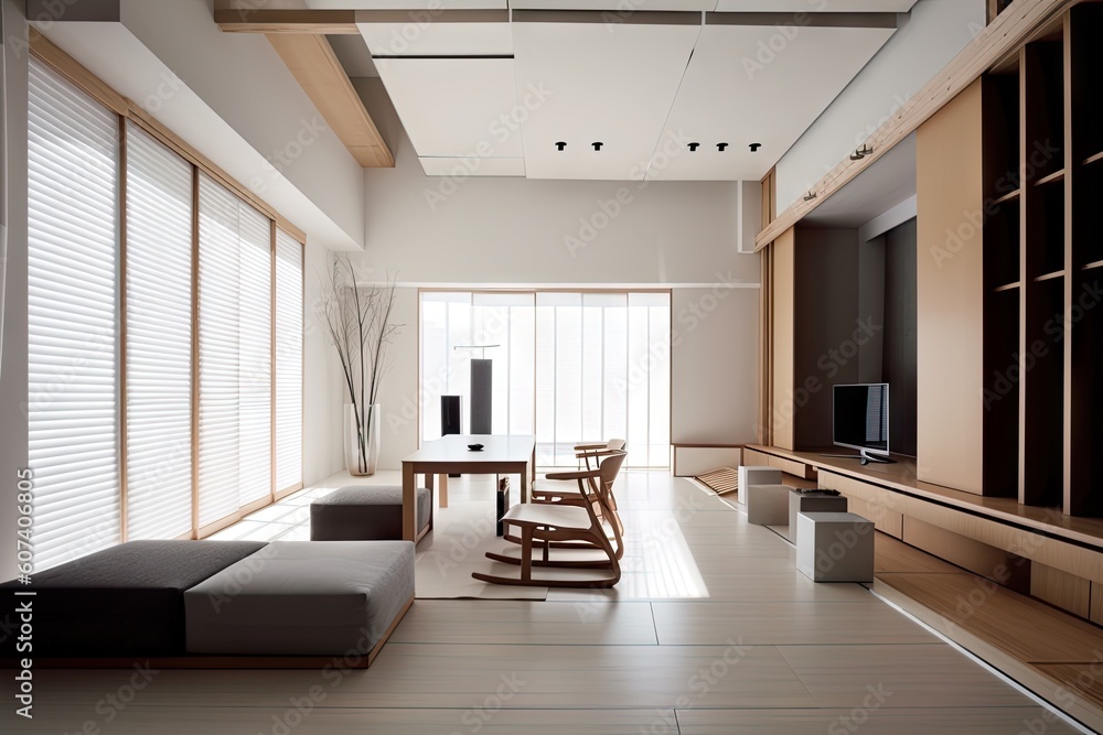 Fototapeta premium modern japanese style interior with sleek furniture and minimalist design elements, created with generative ai