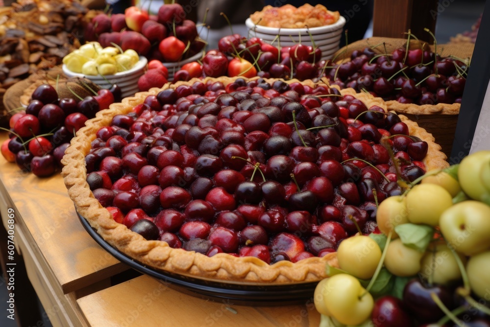 cherry pie on display at market stand, surrounded by fresh fruit, created with generative ai cherry pie on display at market stand, surrounded by fresh fruit, created with generative ai