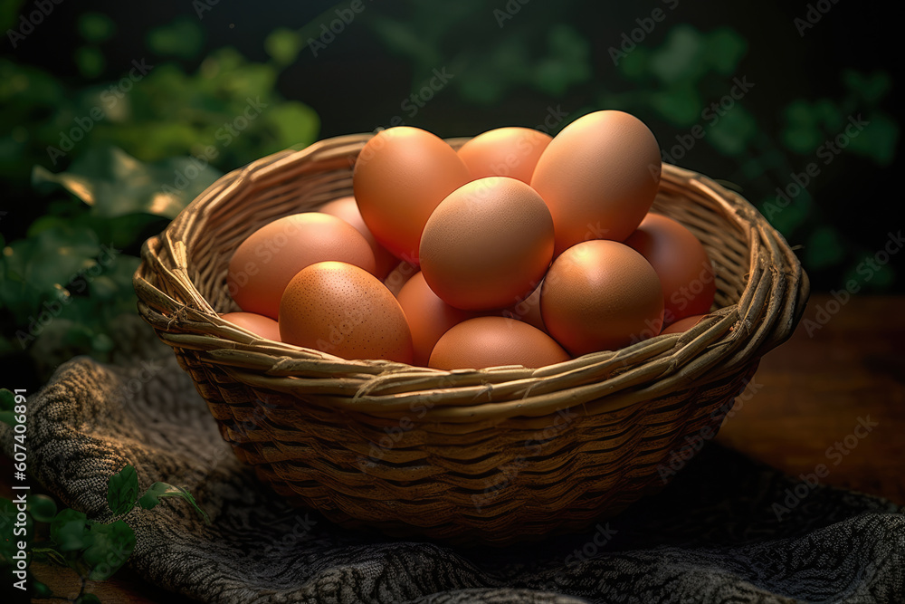 Hen / chicken eggs on basket Hen / chicken eggs on basket