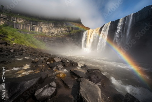 dramatic cascading waterfall, with mist and rainbows in the background, created with generative ai