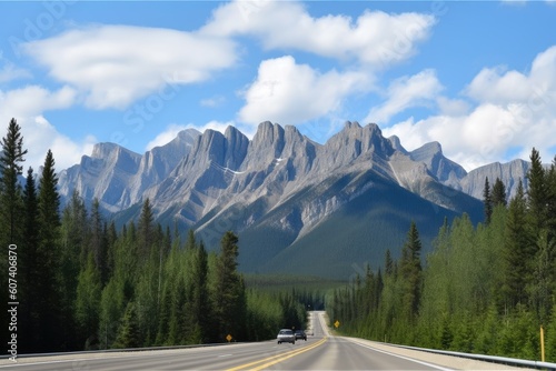 majestic mountain range, with towering peaks and forests, seen from the highway, created with generative ai