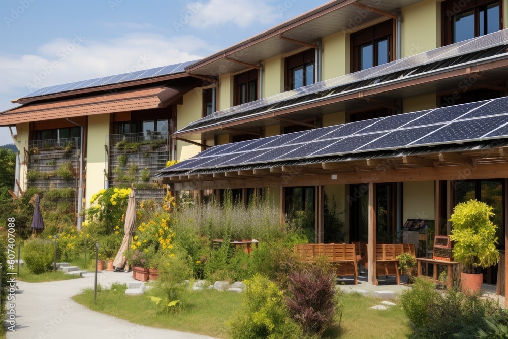 eco-friendly hotel, with solar panels and recycling bins in the lobby, created with generative ai