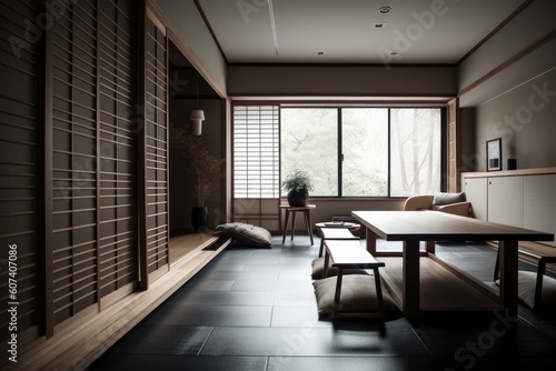 modern japanese style interior with sleek and minimalist design elements, created with generative ai