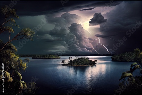 tropical cyclone, with its storm clouds and lightning, over view of tranquil lake, created with generative ai