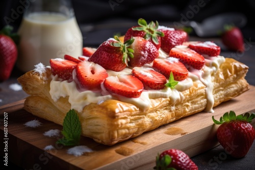 white flaky puff pastry topped with creamy custard and fresh strawberries, created with generative ai
