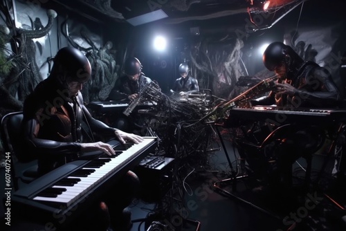 aliens playing futuristic musical instruments and producing otherworldly sounds, created with generative ai