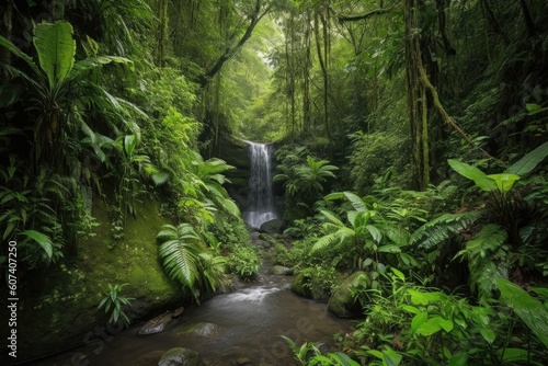 majestic waterfall cascading over lush jungle landscape  created with generative ai