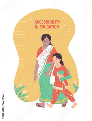 Indian mom taking daughter to school flat style, vector illustration