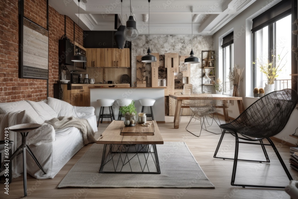 a room with decor that combines modern and rustic elements, created with generative ai a room with decor that combines modern and rustic elements, created with generative ai