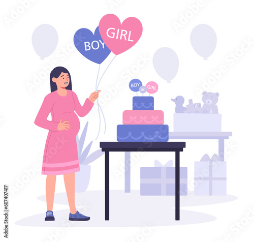 Gender party concept. Balloons with inscriptions boy and girl. Pregnant woman expecting baby. Expectant mother and parent. Box with toys, duck and bear. Cartoon flat vector illustration