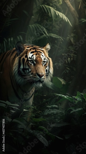 a tiger hiding in the foliage of the jungle shows its muzzle with an emphasis on the eyes. Generative AI