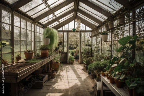 greenhouse with view of the surrounding nature  full of greenery and plants  created with generative ai