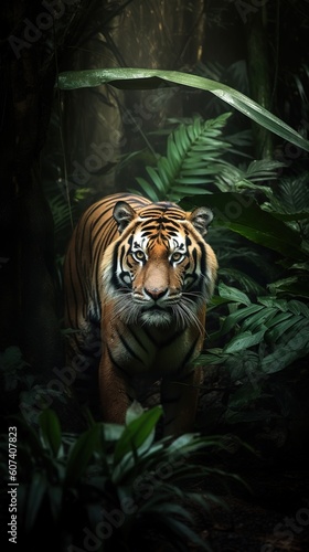 a tiger hiding in the foliage of the jungle shows its muzzle with an emphasis on the eyes. Generative AI © Irina