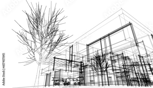 Architectural drawing of a house 3d illustration 