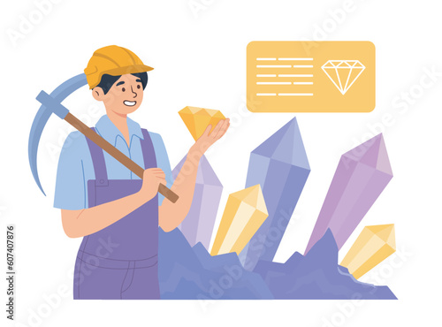 Geolog man and stone. Man with pickaxe and diamond in his hand. Miner extracts minerals and resources. Young guy near crystals. Geology and geodesy. Cartoon flat vector illustration